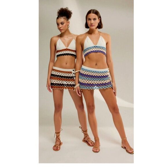 NWT My Beachy Side Crochet Halter Top Bikini Skirt Set White Brown Black Medium - Picture 3 of 12